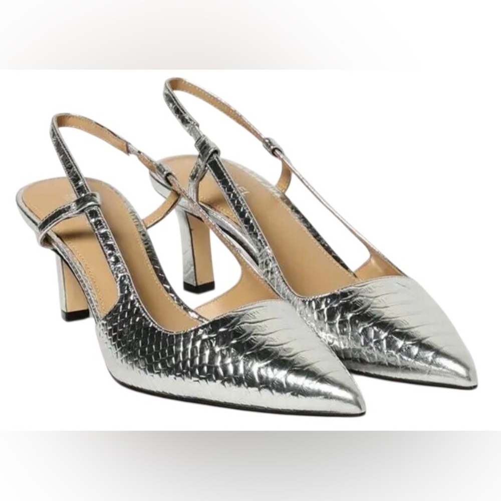 Michael Kors Metallic Snake Silver Pointed Toe Slingback Pumps.Size 8.5 Comfy.